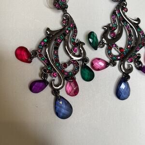 Earrings Dangling Colorful Jewels & Rhinestones Pierced EUC Sz OS Charcoal-Tone